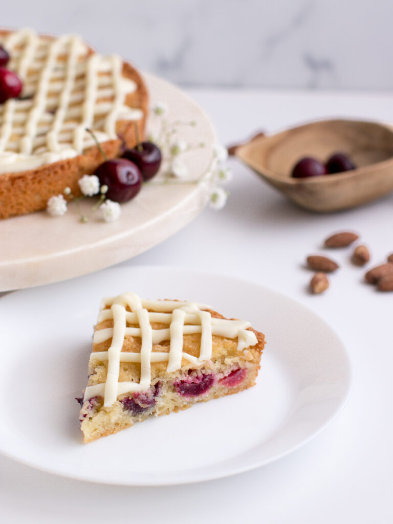 Delicious almond cherry cake made with almond flour and sweet cherries.