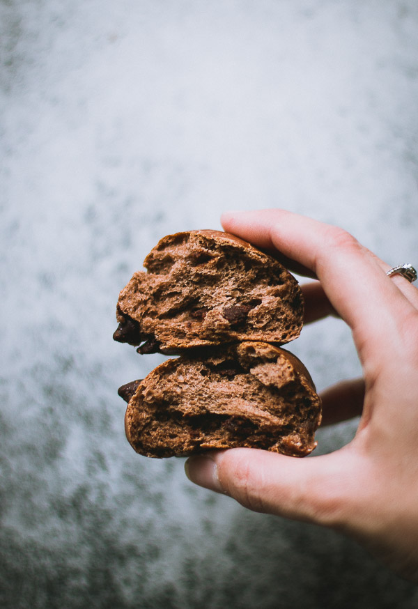 Chocolate buns pulled apart.