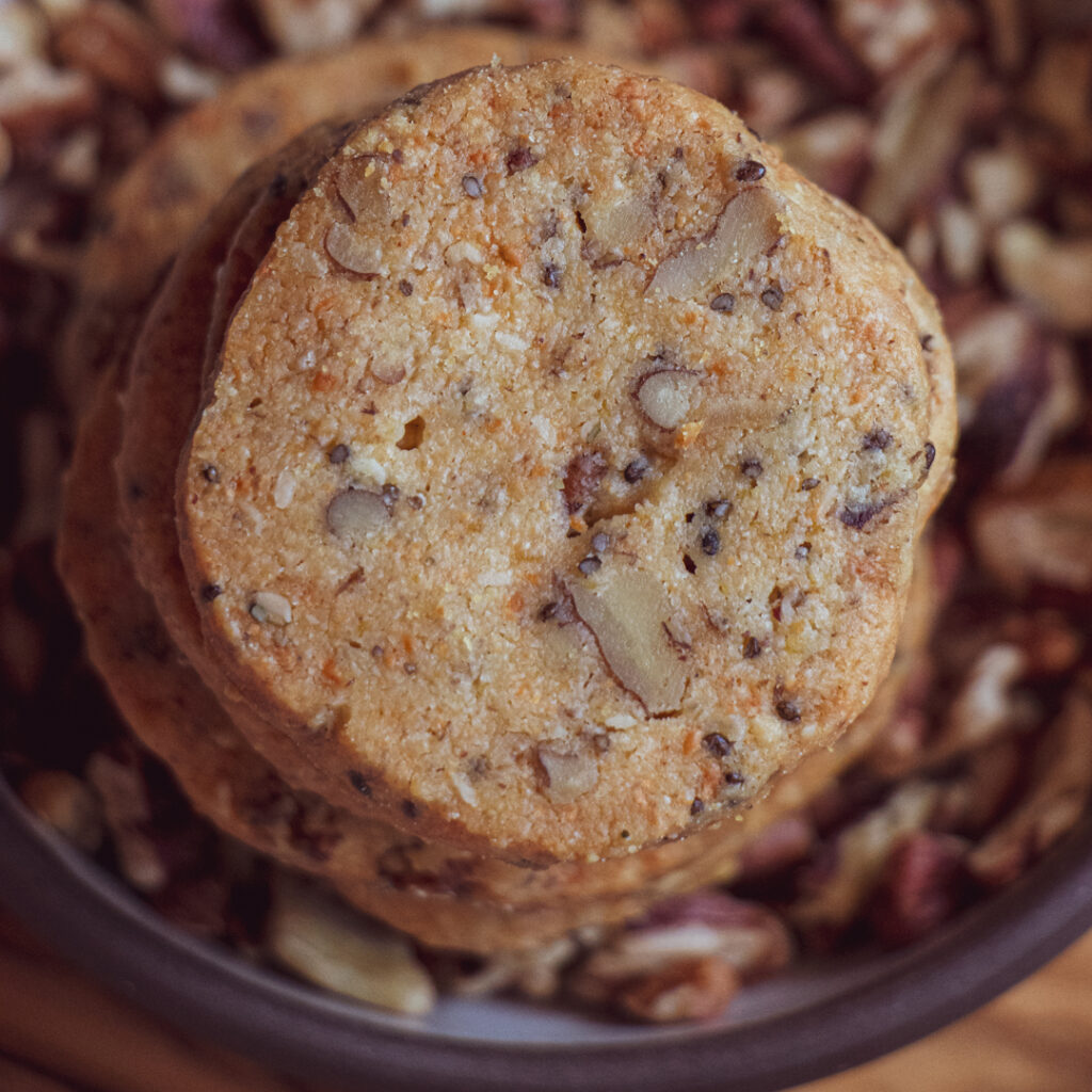 close-up image of cheddar pecan crackers