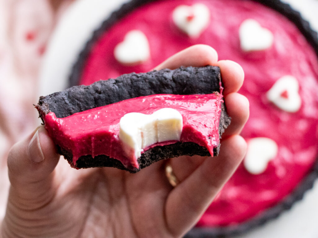 raspberry black cocoa tart slice with bites