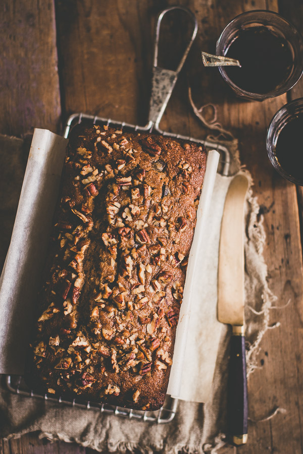 Chocolate Pecan Espresso cake overhead view with knife on the side.