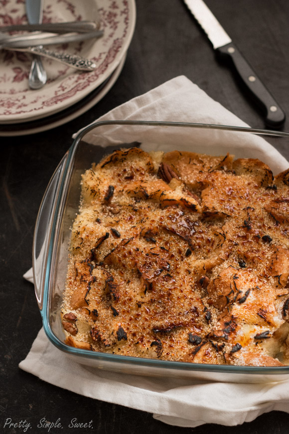 Overhead view of bread pudding with brulee sugar topping.