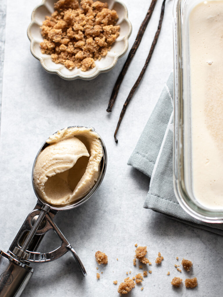 Scoop of vanilla bean brown sugar frozen custard.