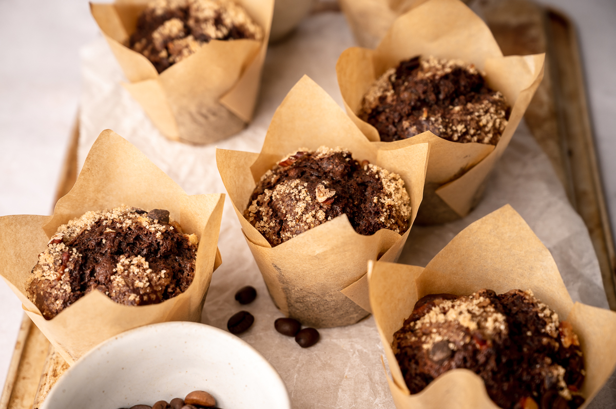 Chocolate espresso muffins with crunchy tops.