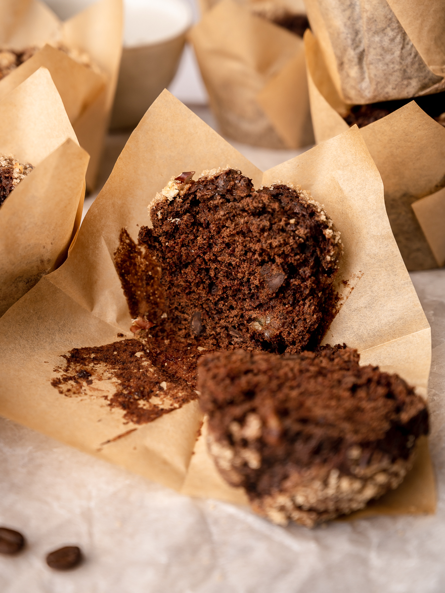 Delicious chocolate muffins made with espresso cut open to reveal the inside texture.