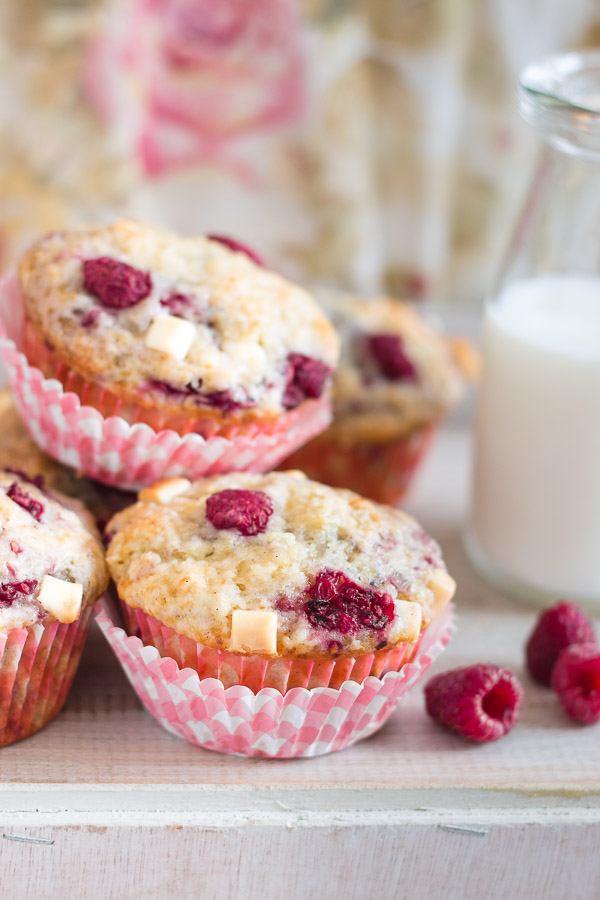 Moist and fluffy raspberry and white chocolate muffins - a heavenly combination! | rosechocolatier.com