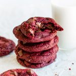 Soft and chewy red velvet chocolate chip cookies. Use dark or white chocolate, both taste amazing!