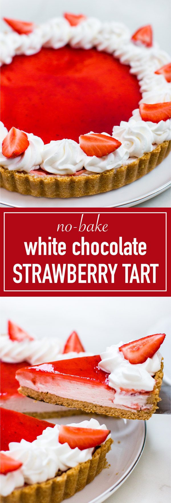 Easy and simple to make white chocolate strawberry tart. 3 layers of of cookie crust, white chocolate ganache mousse, and strawberry jam glaze.