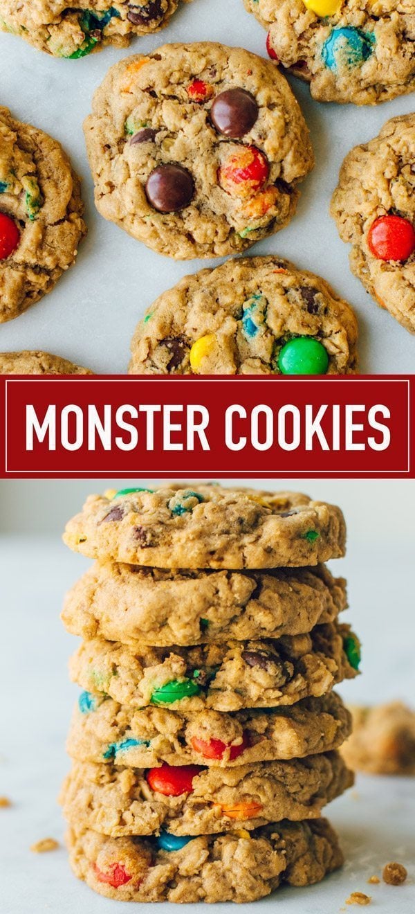 The best soft, chewy and thick MONSTER COOKIES. Super easy to make and loaded with oatmeal, peanut butter, M and Ms and chocolate chips.