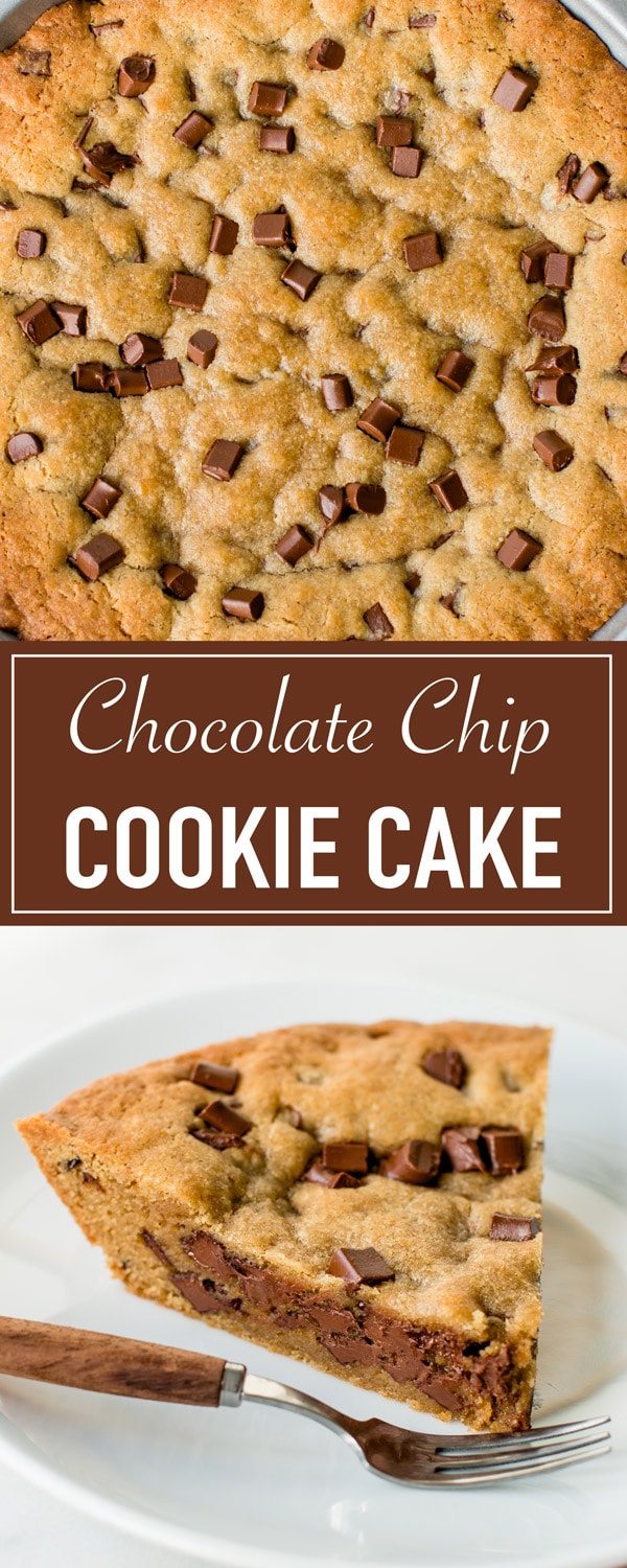 Soft and chewy giant chocolate chip cookie cake, perfect as a birthday cake!