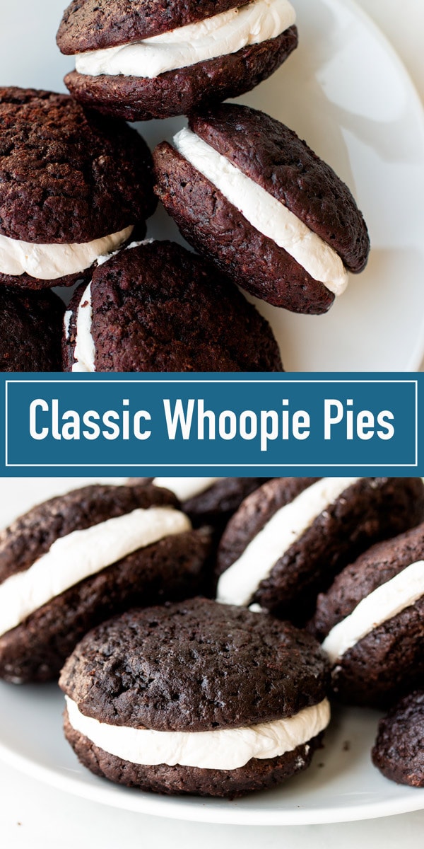 The best whoopie pies recipe with 3 optional fillings: marshmallow, buttercream, or cream cheese.