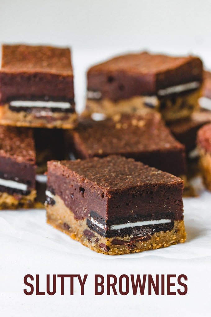 Ultimate slutty brownies made of three layers of chewy chocolate chip cookies dough, soft Oreos, and fudgy brownies. Easy Recipe.