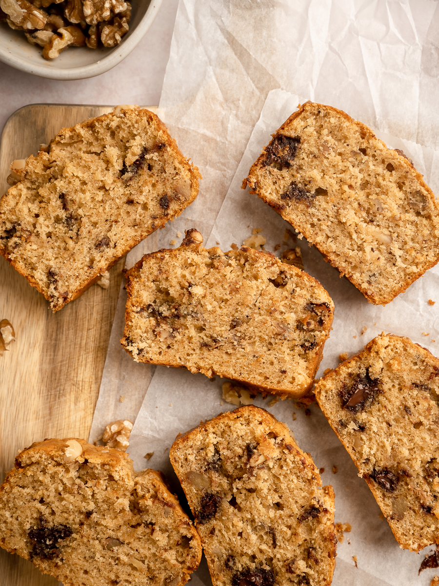 Espresso cake slices with chocolate and walnuts inside.