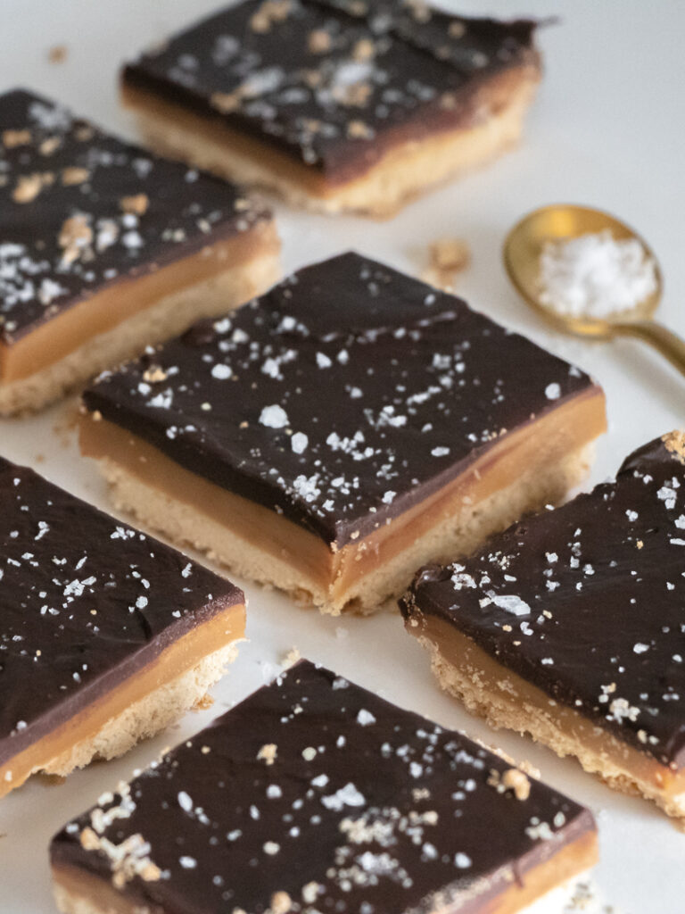 sea salt on caramel shortbread bars