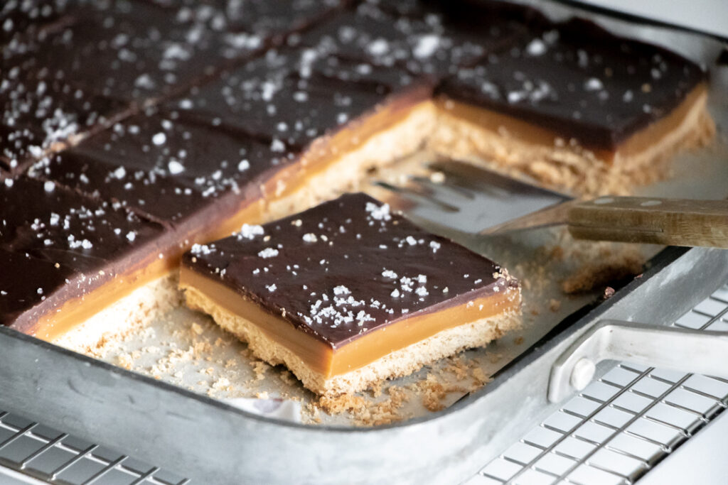 caramel shortbread bars in pan