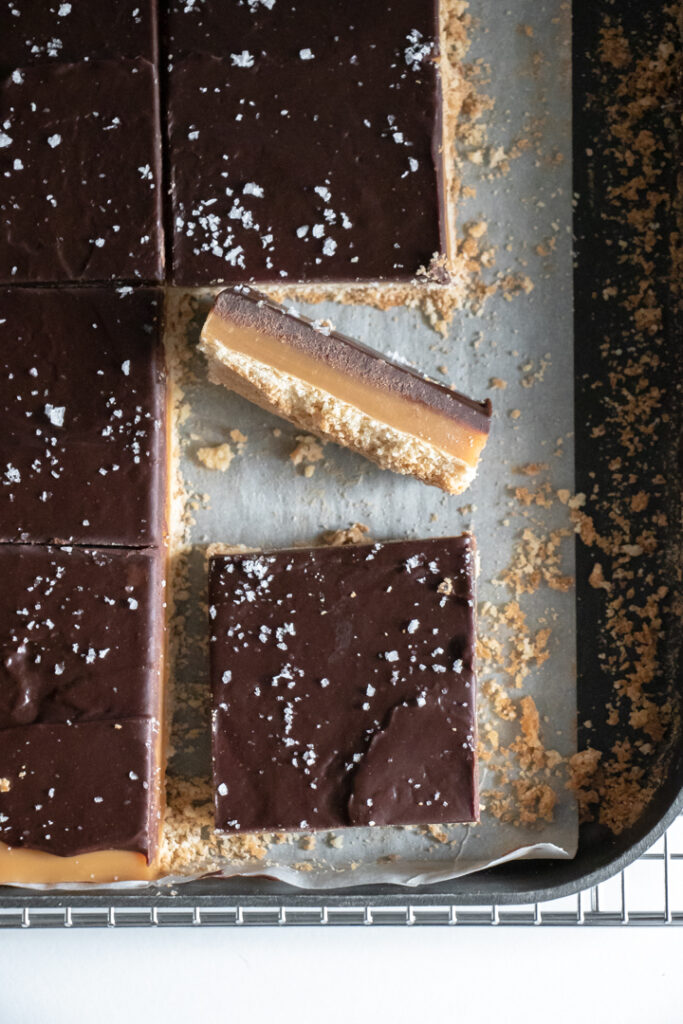 caramel shortbread bars in pan