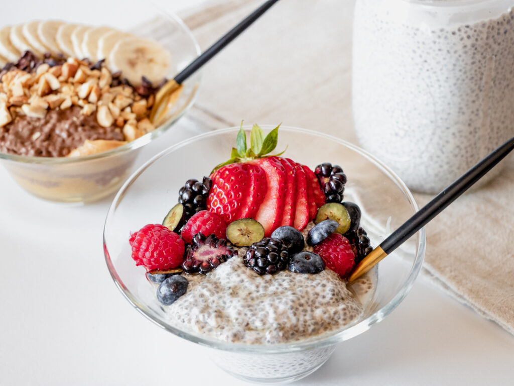 Vanilla chia pudding topped with assorted fresh berries.