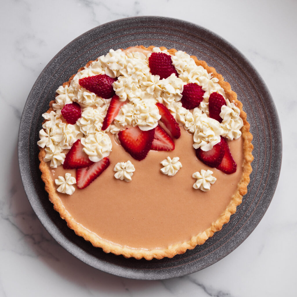 strawberry rhubarb tart with strawberries and whipped frosting