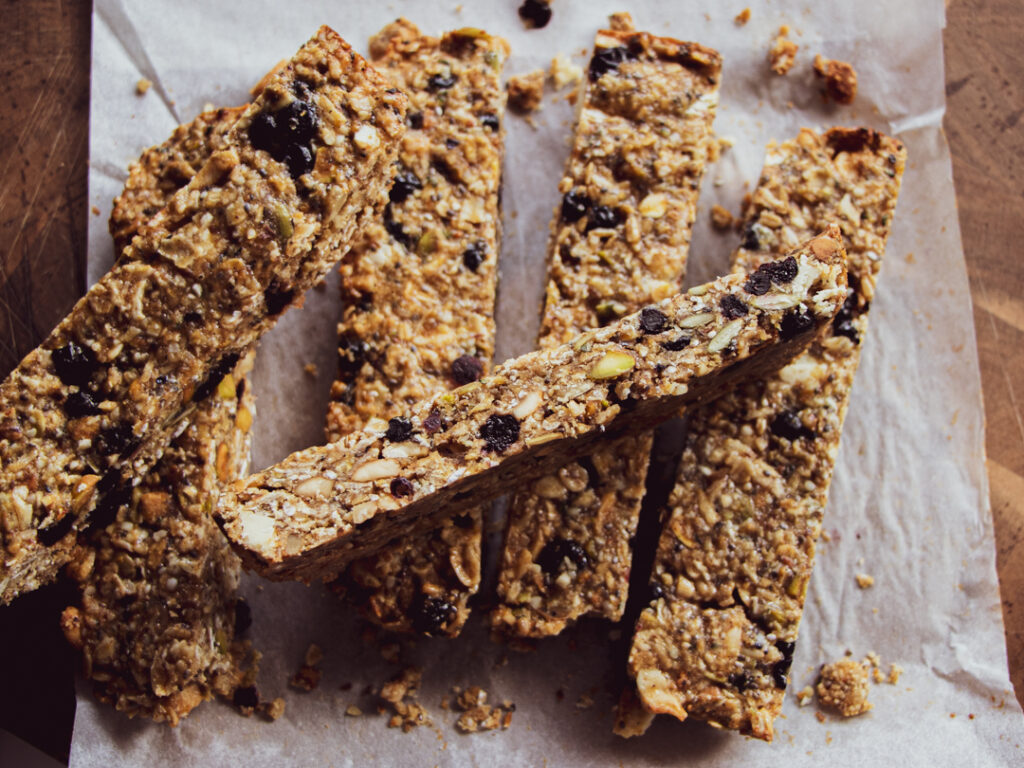 versatile protein granola bars with nuts, oats, and dried blueberries