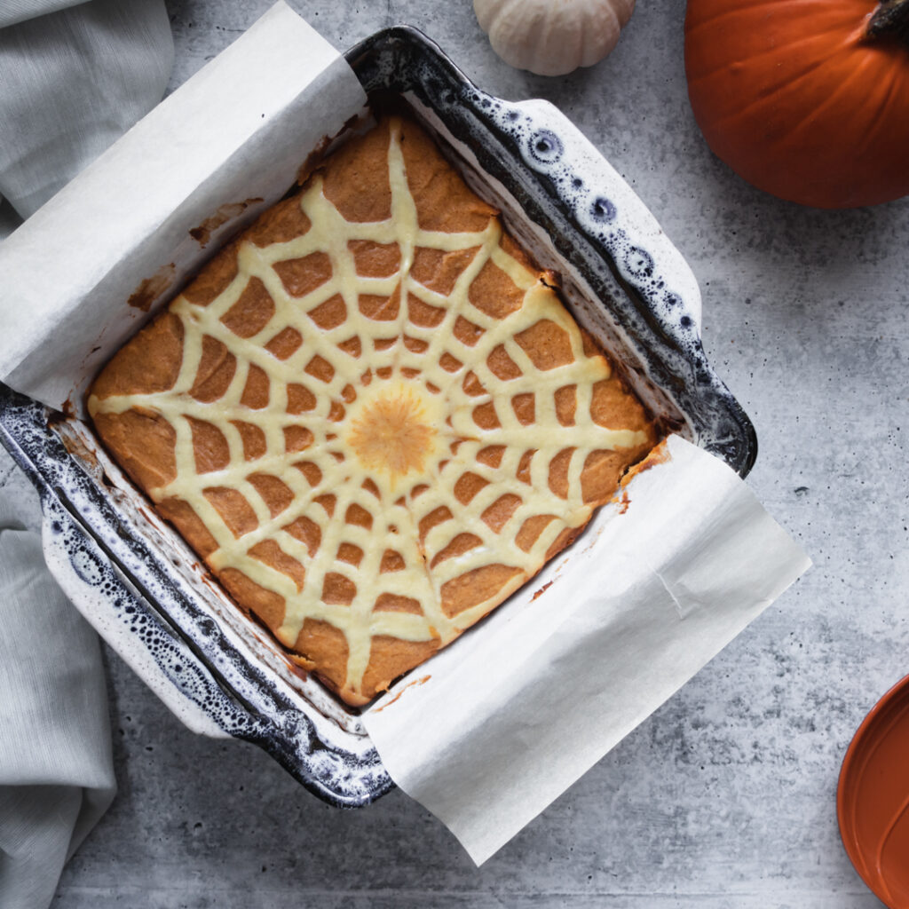 Pumpkin Blondies with Spider Web Cream Cheese