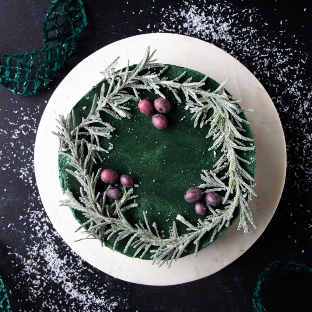 green spirulina cheesecake (dye-free, no-bake) with sugared rosemary wreath