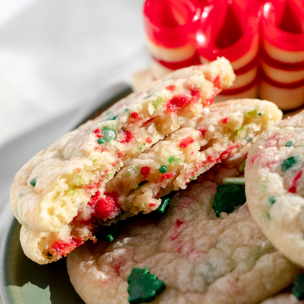 Funfetti cookies with festive christmas sprinkles baked inside.