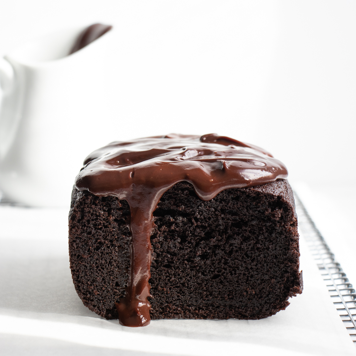 sliced chocolate pound cake with chocolate ganache topping