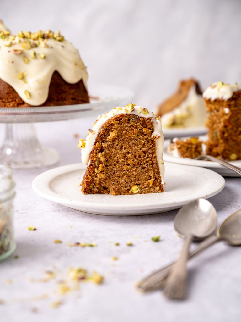 slice of carrot pistachio bundt cake