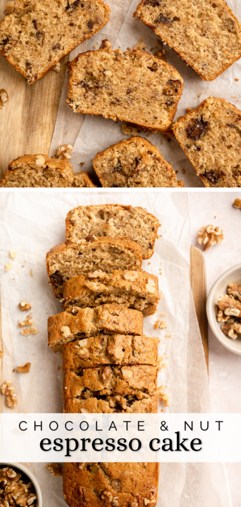 Chocolate nut espresso cake with walnuts or pecans pinterest pin.