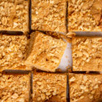 Overhead view of cut peanut butter blondies to show top texture loaded with peanuts.