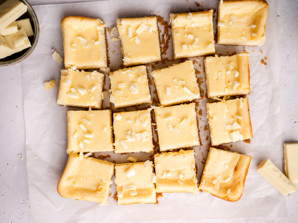 White Chocolate Cheesecake bars with lemon.