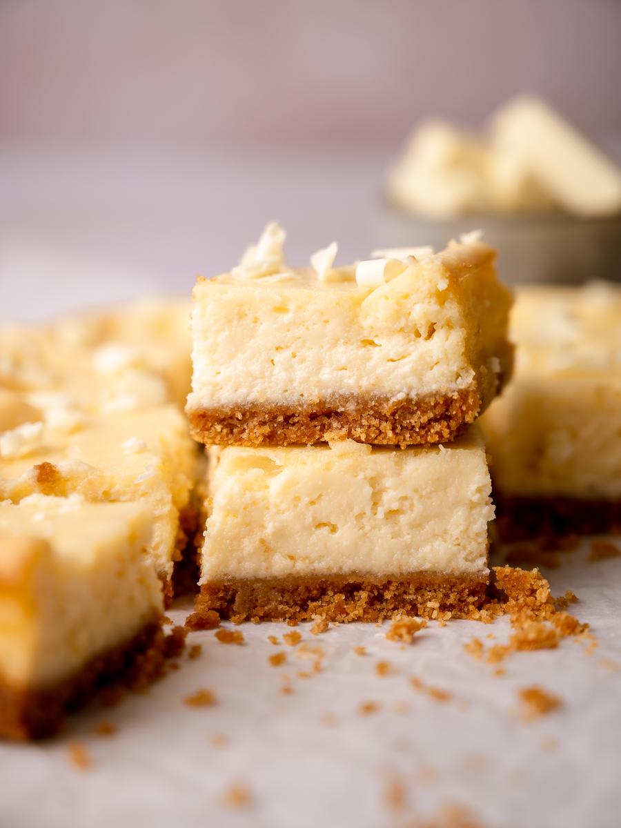 Creamy, lemon white chocolate cheesecake with cookie crust.