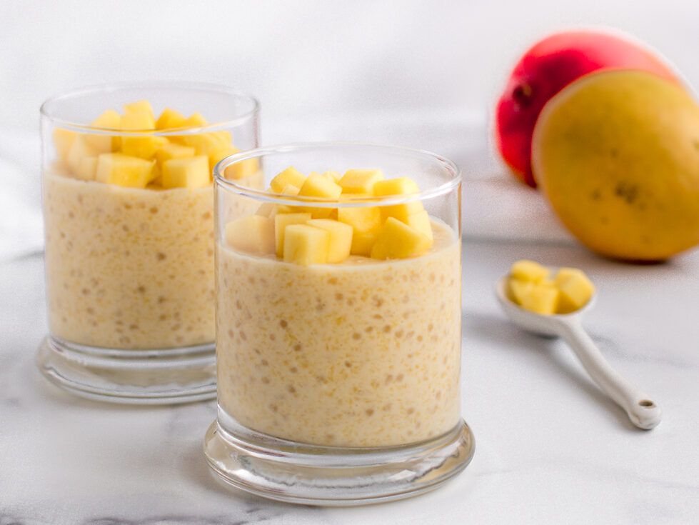 Cold and creamy, this thick mango tapioca pudding is delicious topped with freshly cubed mango bits.