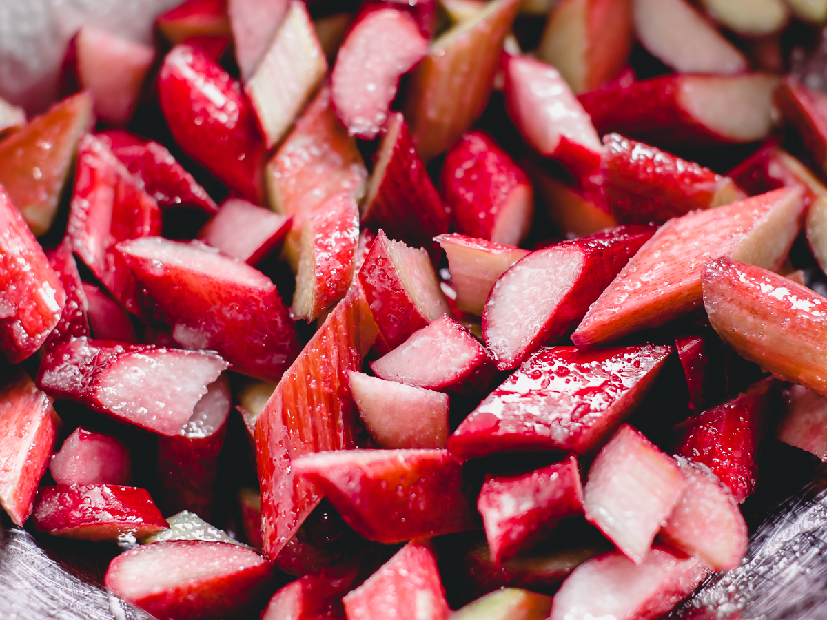 Macerated rhubarb with sugar and corn syrup.