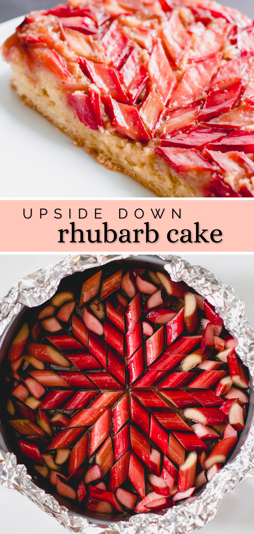 Upside-down rhubarb cake pinterest pin.