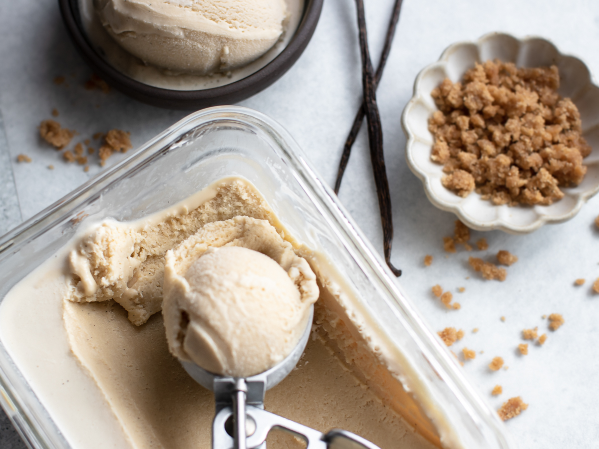 Vanilla Bean Frozen Custard made with brown sugar for a caramel-like flavor.