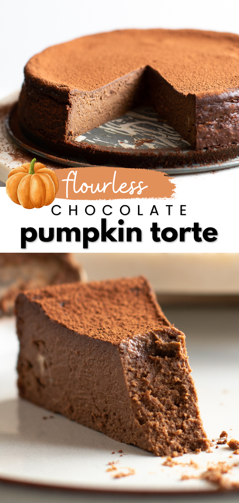 Flourless chocolate pumpkin torte is the ultimate gluten-free fall treat made with coconut milk and almond butter.