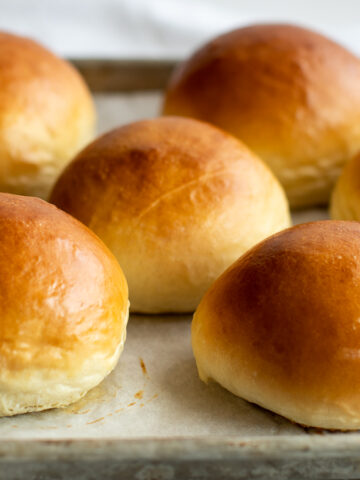 Soft white sandwich buns made using the tangzhong method.