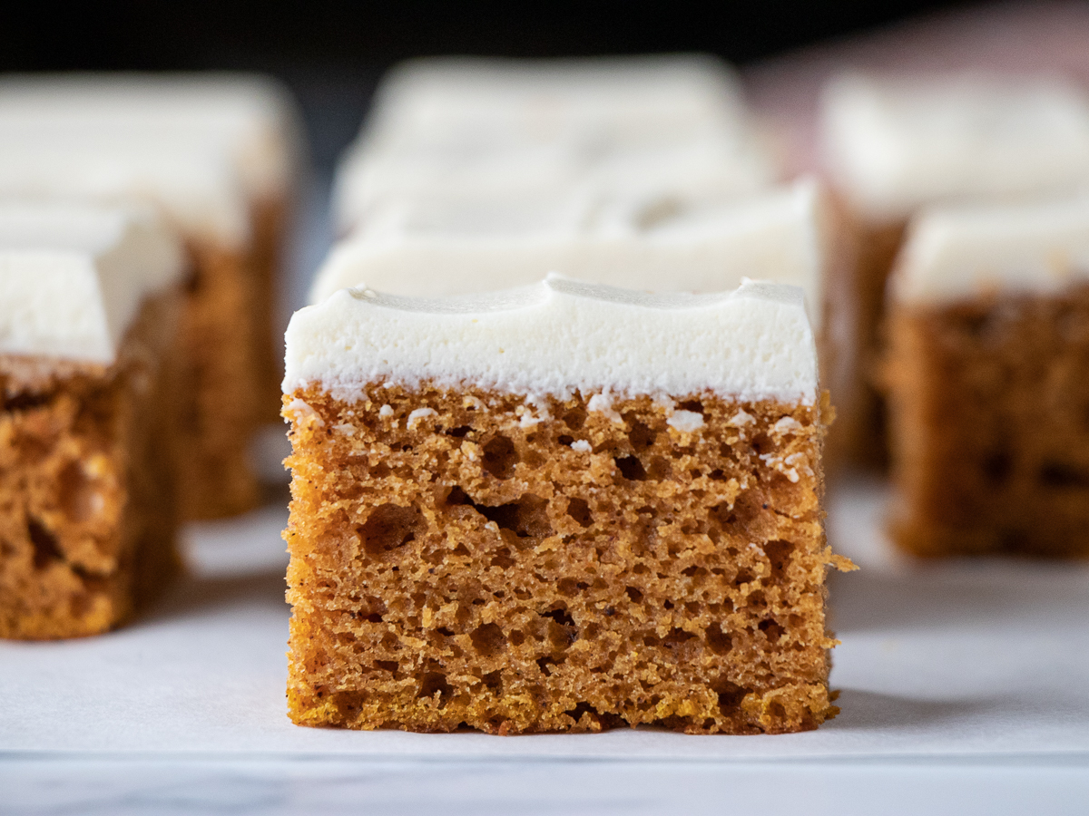 Moist pumpkin bars with cream cheese frosting.