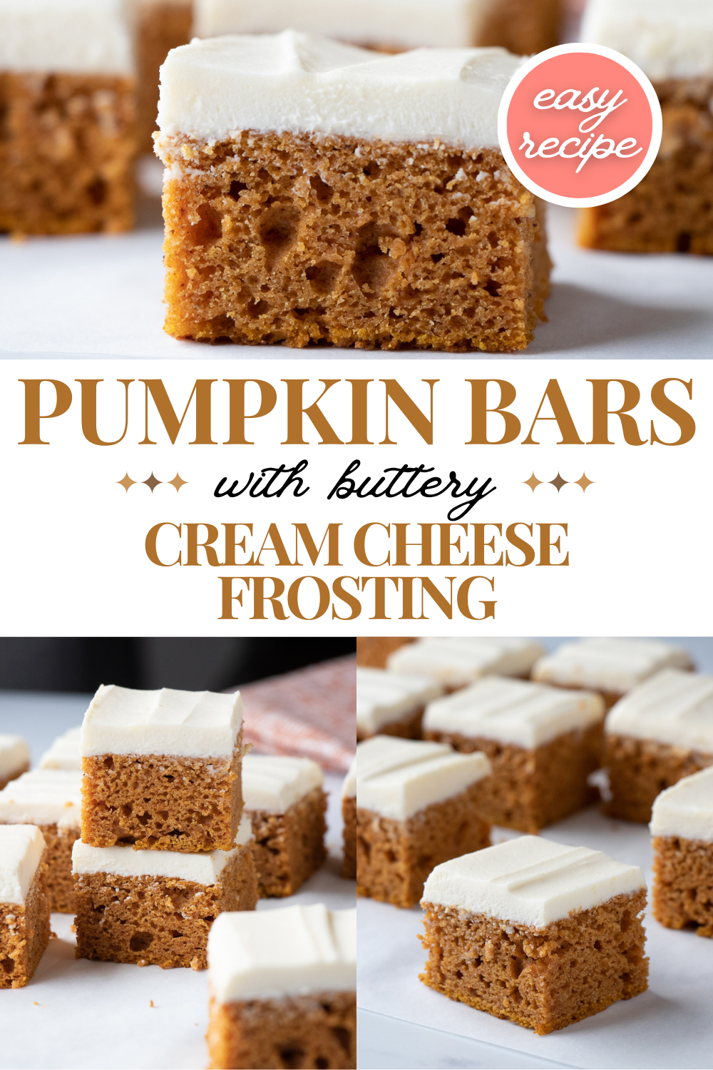 Pumpkin bar recipe with buttery cream cheese frosting layered on top.